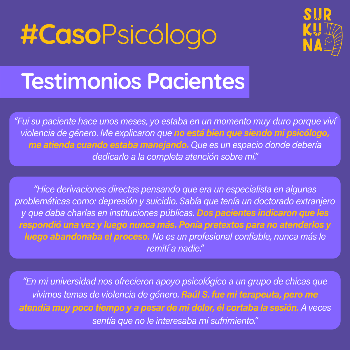 SurkunaEc's tweet photo. 📣 #CasoPsicólogo | Alzamos nuestra voz junto a las víctimas y sobrevivientes de la violencia ejercida por parte de Raúl S. psicólogo y docente universitario para que no queda en la impunidad. 

#NoEstásSola #JuntasNosCuidamos https://t.co/a7ZzuDtGYa