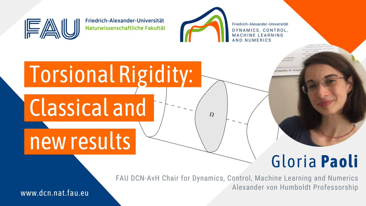 UniFAU_DCN's tweet photo. Don't miss 📒our new post on #MathAndResearch at @UniFAU_DCN @UniFAU:
"Torsional Rigidity: Classical and new results"
🔸 By Gloria Paoli, our #Humboldt postdoctoral researcher at #FAUDCNAvH
https://t.co/JVlkwB4x4t
#FAU #movingKnowledge #mathematics #research #maths https://t.co/XsBrjrWc1Z