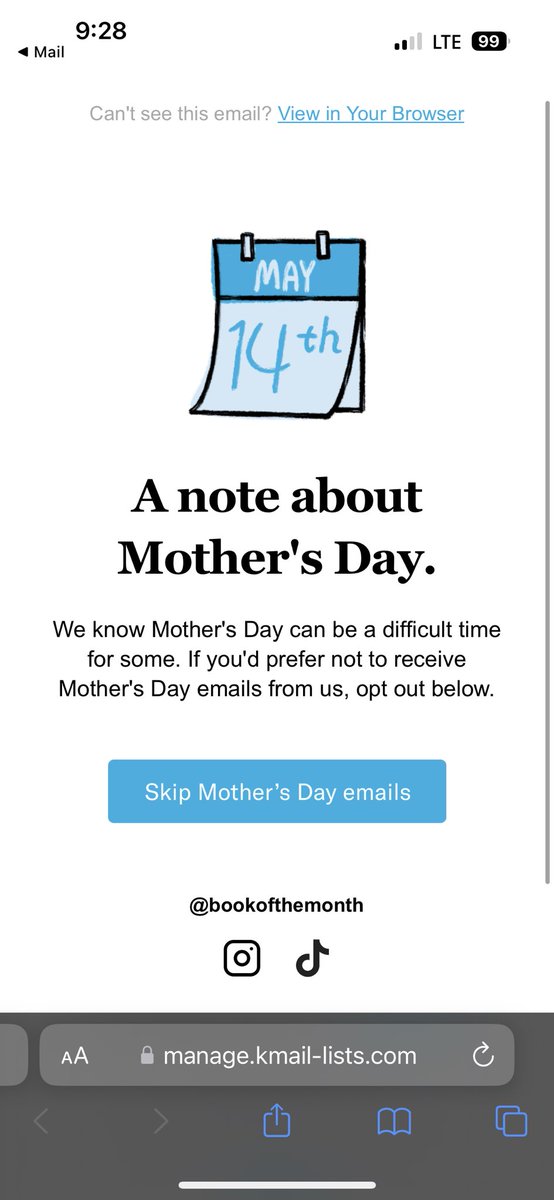 mindfulmeeshell's tweet photo. Wow @bookofthemonth thank you so much for your consideration! I wish more companies would offer this. Mother’s day is such a difficult day for me and receiving constant reminders in ads and emails for a month really sucks. Thank you for this option! #grief #whatsyourgrief https://t.co/cRRv1flcNX