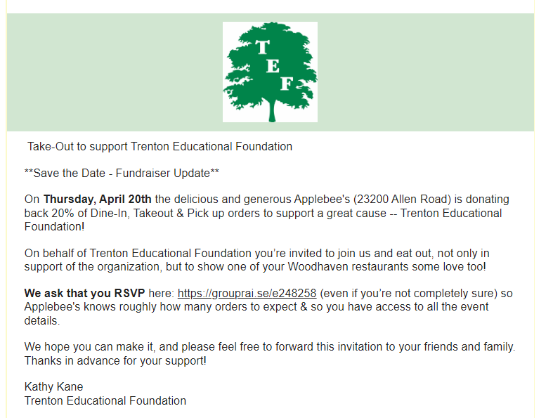 douglas_mentzer's tweet photo. Wednesday Walk: On Thursday, April 20th the delicious &amp; generous Applebee's (23200 Allen Road) is donating back 20% of Dine-In, Takeout &amp; Pick up orders to support a great cause -- Trenton Educational Foundation! Say Yes! #yes2tps #TEF https://t.co/ipo3CpuXxL