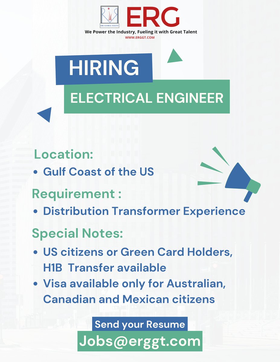 GlobalErg's tweet photo. #WeAreHiringNow
Electrical Engineer
Send your resume to jobs@erggt.com
#TransformersMagazine #gulfcoast #electrical #electricalengineer #electricalengineering #electricaljobs #electricaldesignengineer #electricaldesigner #electricaldesign #distributiontransformer #usajobs https://t.co/IbhllsNx0m