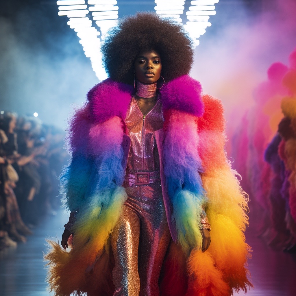 ArtificioAI's tweet photo. Female black supermodel on the catwalk, wearing shiny super fat furry jacket, rainbow spectrum #AI 💁‍♀️ 🌈

#artificioai #artificialintelligence #aiartdaily #digitalartwork #digitalart #aiart #aiartcommunity #midjourney #midjourneyart #midjourneyaiart #midjourneybot #aiprompt #art https://t.co/5j0FsWE7d6