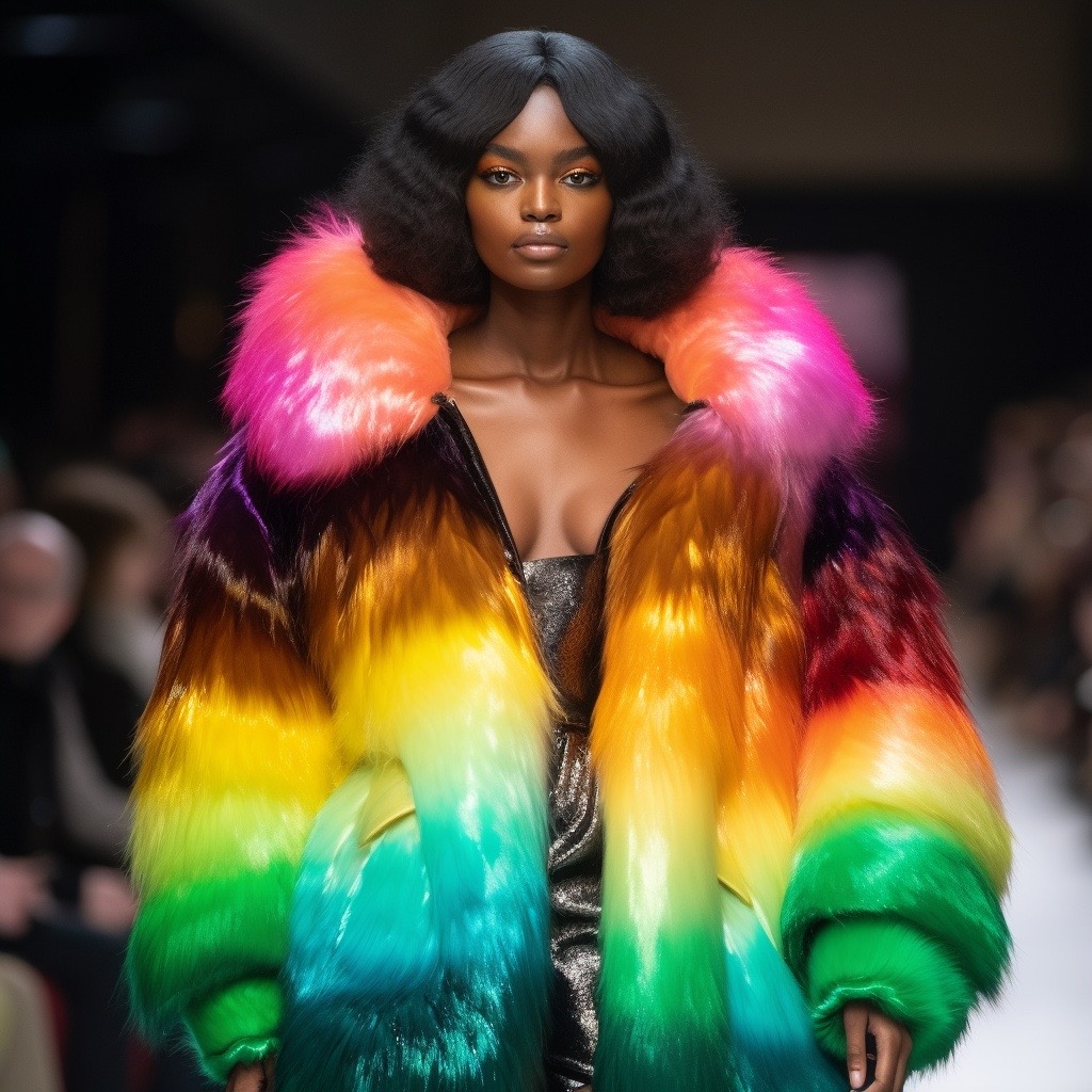 ArtificioAI's tweet photo. Female black supermodel on the catwalk, wearing shiny super fat furry jacket, rainbow spectrum #AI 💁‍♀️ 🌈

#artificioai #artificialintelligence #aiartdaily #digitalartwork #digitalart #aiart #aiartcommunity #midjourney #midjourneyart #midjourneyaiart #midjourneybot #aiprompt #art https://t.co/5j0FsWE7d6