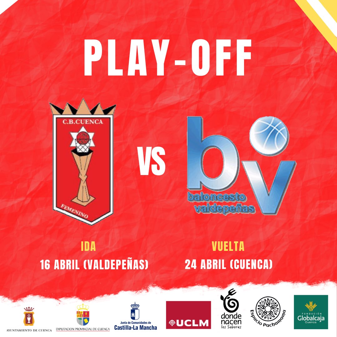 🤩 NUESTRAS JUNIOR SE JUEGAN EL PLAY-OFF

Nuestro equipo U-19 se enfrentará al <a href="/BaloncestoBV/">BaloncestoValdepeñas</a> en los cuartos del final del Play-OFF por el ascenso. 

Este sábado, el primer partido en Valdepeñas, el domingo que viene en Cuenca. 

¡OS ESPERAMOS!
