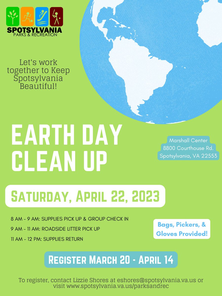SpotsyParksnRec's tweet photo. Earth Day Clean Up!!! Sat 4/22 9am-11am. See the flyer below for more information. Help pick up litter on EARTH DAY!!! @VaDOTFRED @SpotsyGov @Fxbg2day  @RappElecCoop @germannacc @SpotsySchools @Thunder1045 @county https://t.co/UTsyyCpABl