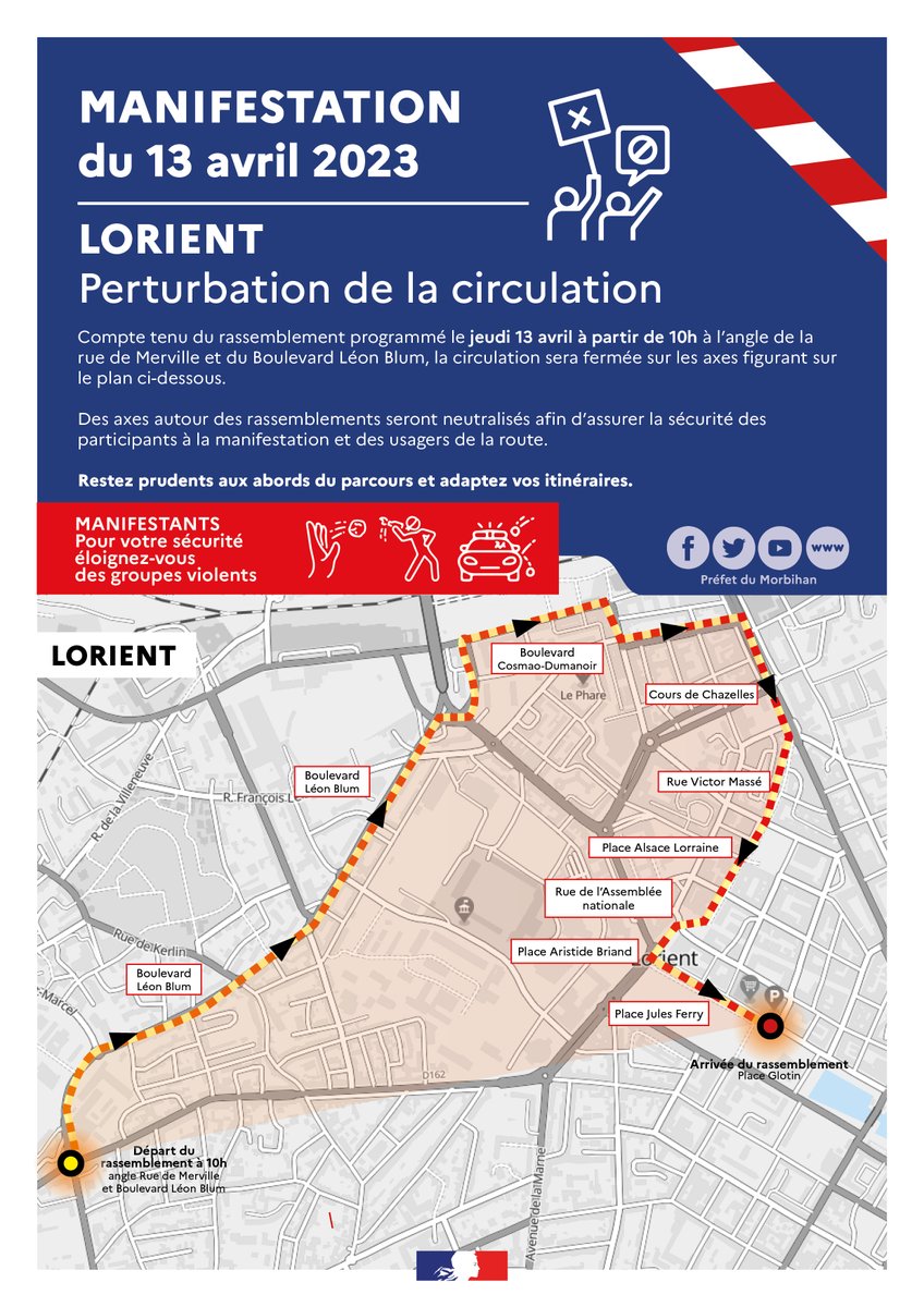 Manifestation |
Perturbation de la circulation à #Lorient ⚠️
Compte tenu du rassemblement programmé le jeudi 13 avril à/p de 10h à #Lorient, la circulation sera fermée sur les axes figurant sur le plan ci-dessous 👇