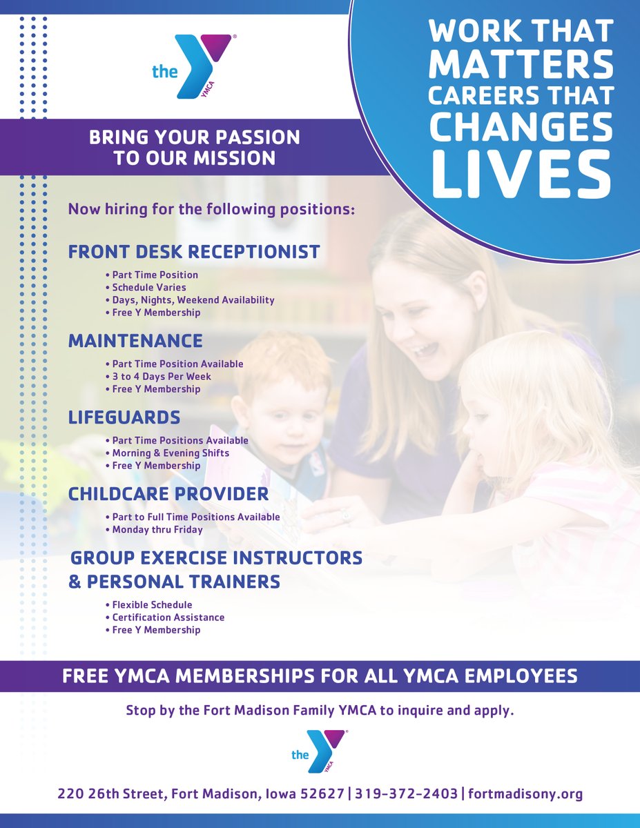 Looking to make an impact in our community? Join our team!
NOW HIRING for multiple positions ⬇️
▪️Front Desk Receptionist
▪️ Maintenance
▪️ Lifeguards
▪️ Childcare Providers
▪️ Group Exercise Instructors
▪️ Personal Trainers
Stop by the Y to apply today!
 #workthatmatters #ymca