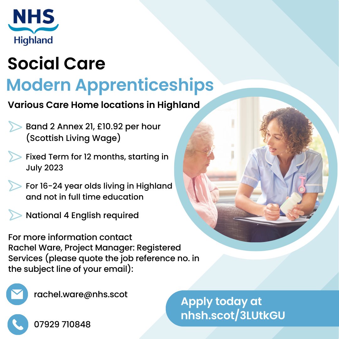 📣 There are only a few days left to apply to the Social Care Modern Apprenticeship! 📣

Work in one of our Care homes and earn a competitive salary, all while securing a qualification with The UHI.

Applications close this Sunday 16th April!

Apply now: nhsh.scot/3LUtkGU