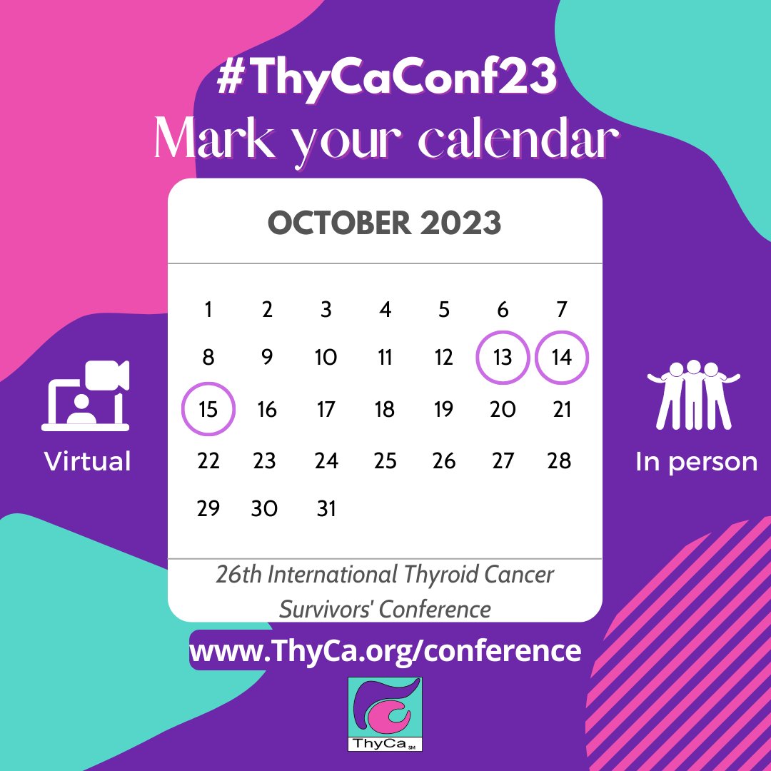 ThyCaInc's tweet photo. The #ThyCaConf23 will be held in Denver, Colorado, and virtually, October 13-15. Sign up for this FREE event at https://t.co/waK9jG5VvO
#ThyCa
#ThyroidCancerSupport
#ThyroidCancerEducation https://t.co/P1XF7kBBx2