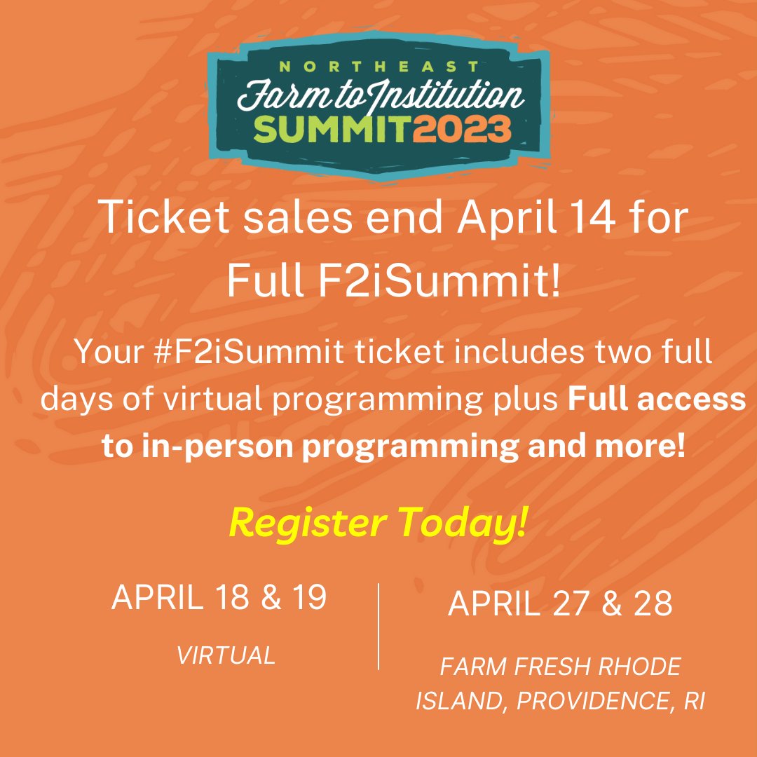 Farm2Inst's tweet image. Join us in transforming our regional #foodsystem at the #Fi2Summit. Register by April 14th for 2 days of virtual programming &amp;amp; 2 days of in-person networking at @FarmFreshRI in Providence, RI. Can't make in person? Register for Virtual only! f2isummit.org
