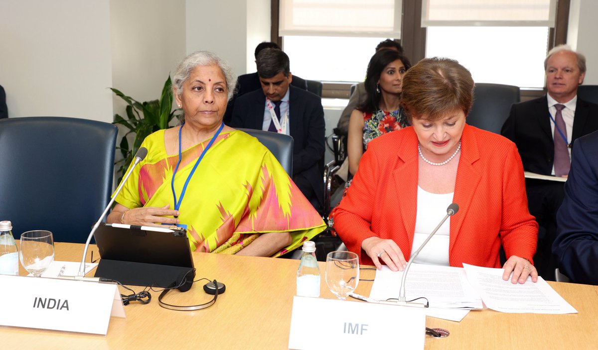FinMinIndia's tweet photo. Union Finance Minister Smt. @nsitharaman participated in the Global Sovereign Debt Roundtable #GSDR meeting along with Ms @KGeorgieva, MD, IMF @IMFNews, and @DavidMalpassWBG President @WorldBank on the sidelines of the #SpringMeetings 2023, in Washington DC, today. (1/3) https://t.co/Ouk1JJZcE4