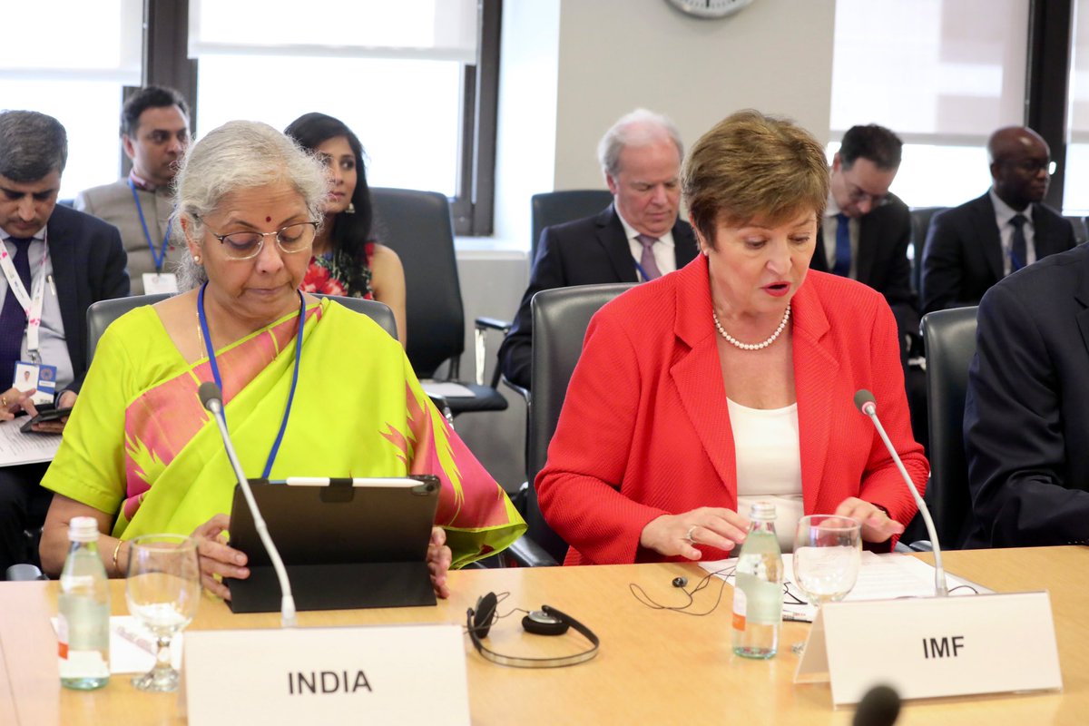 FinMinIndia's tweet photo. Union Finance Minister Smt. @nsitharaman participated in the Global Sovereign Debt Roundtable #GSDR meeting along with Ms @KGeorgieva, MD, IMF @IMFNews, and @DavidMalpassWBG President @WorldBank on the sidelines of the #SpringMeetings 2023, in Washington DC, today. (1/3) https://t.co/Ouk1JJZcE4