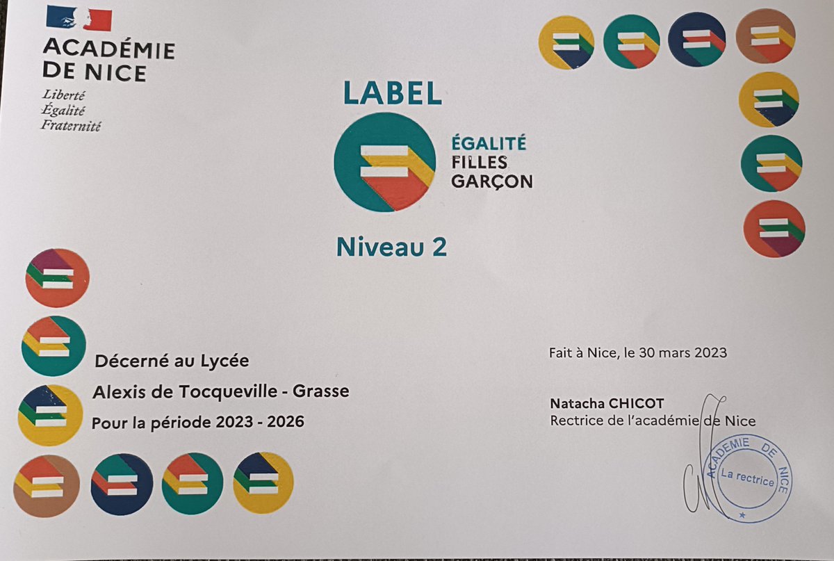 Bravo aux équipes du lycée pour l'obtention du label égalité filles garçons. <a href="/VINCIGUERRA7/">Christiane Vinciguerra-Cerami</a> <a href="/AcademieNice/">Académie de Nice</a>