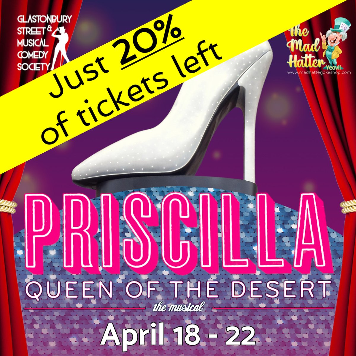 GSMCSociety's tweet photo. That's right, 80% of our tickets are now sold, which leaves just a few handfuls left. If you don't snap them up quickly, they'll be gone! And Priscilla isn't a show you want to miss! Buy online now: https://t.co/Z6NAA3ugXr

#theatre #Priscilla #QueenOfTheDesert #DragQueens https://t.co/pNtzrHczrS