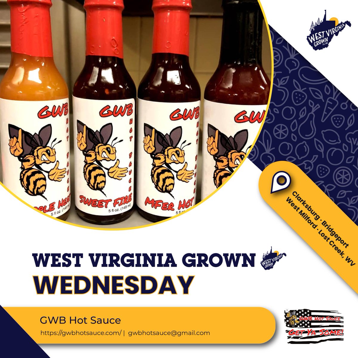WVDeptofAg's tweet photo. It's #WVGrownWednesday! This week we're featuring @GWBHotSauce. This veteran-owned business specializes in gourmet hot sauces, with flavors like Pineapple Heat and Bacon Fire. To check out other members of our #WVGrown family, go to: https://t.co/XgSRbAhJWk https://t.co/cXViAaKvLH