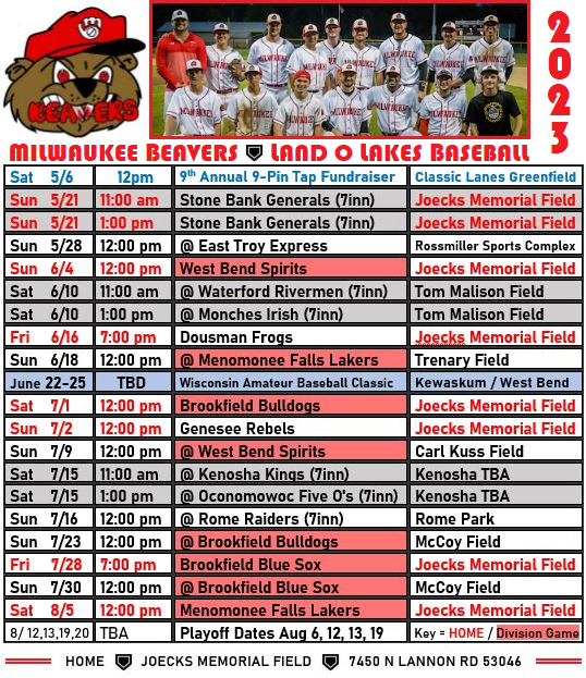 MKEBeavers's tweet photo. 2023 Milwaukee Beavers season schedule! Franchise year #32 - 8th in the @LandOLakesWI - and 5th straight calling historic Joecks Memorial Field in Lannon our home! #LetsGoBeavs https://t.co/yPRSFbtBCA