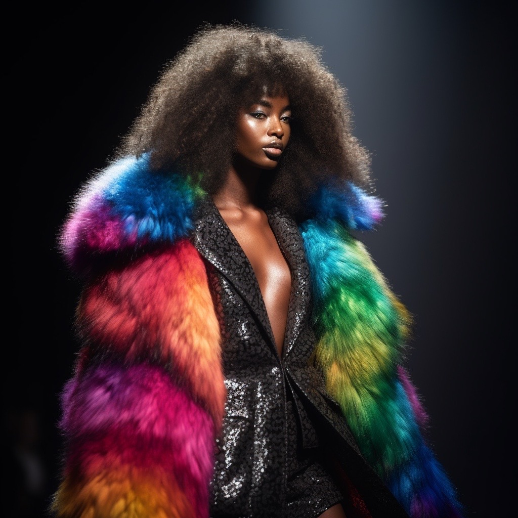 ArtificioAI's tweet photo. Female black supermodel on the catwalk, wearing shiny super fat furry jacket, rainbow spectrum #AI 💁‍♀️ 🌈

#artificioai #artificialintelligence #aiartdaily #digitalartwork #digitalart #aiart #aiartcommunity #midjourney #midjourneyart #midjourneyaiart #midjourneybot #aiprompt #art https://t.co/5j0FsWE7d6