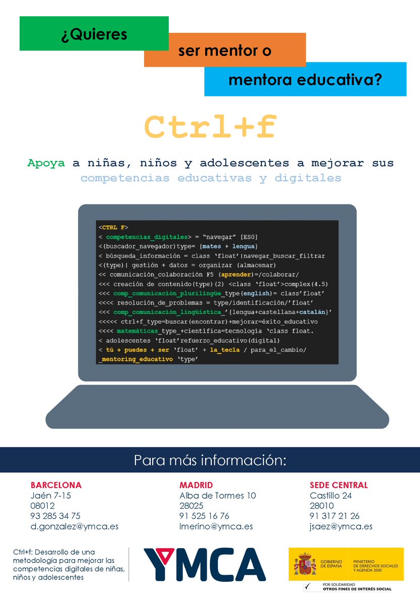 ymca_esp's tweet photo. ¡Te estamos buscando! 🧐
¿Quieres sumarte a nuestro equipo de #voluntarios y #voluntarias para nuestro nuevo programa de mentoría educativa #CtrlF?
Contacta con alguno de los centros del cartel y te contaremos todo😉
#YMCA #educación #Voluntariado #igualdaddeoportunidades https://t.co/5JM9trRvsP