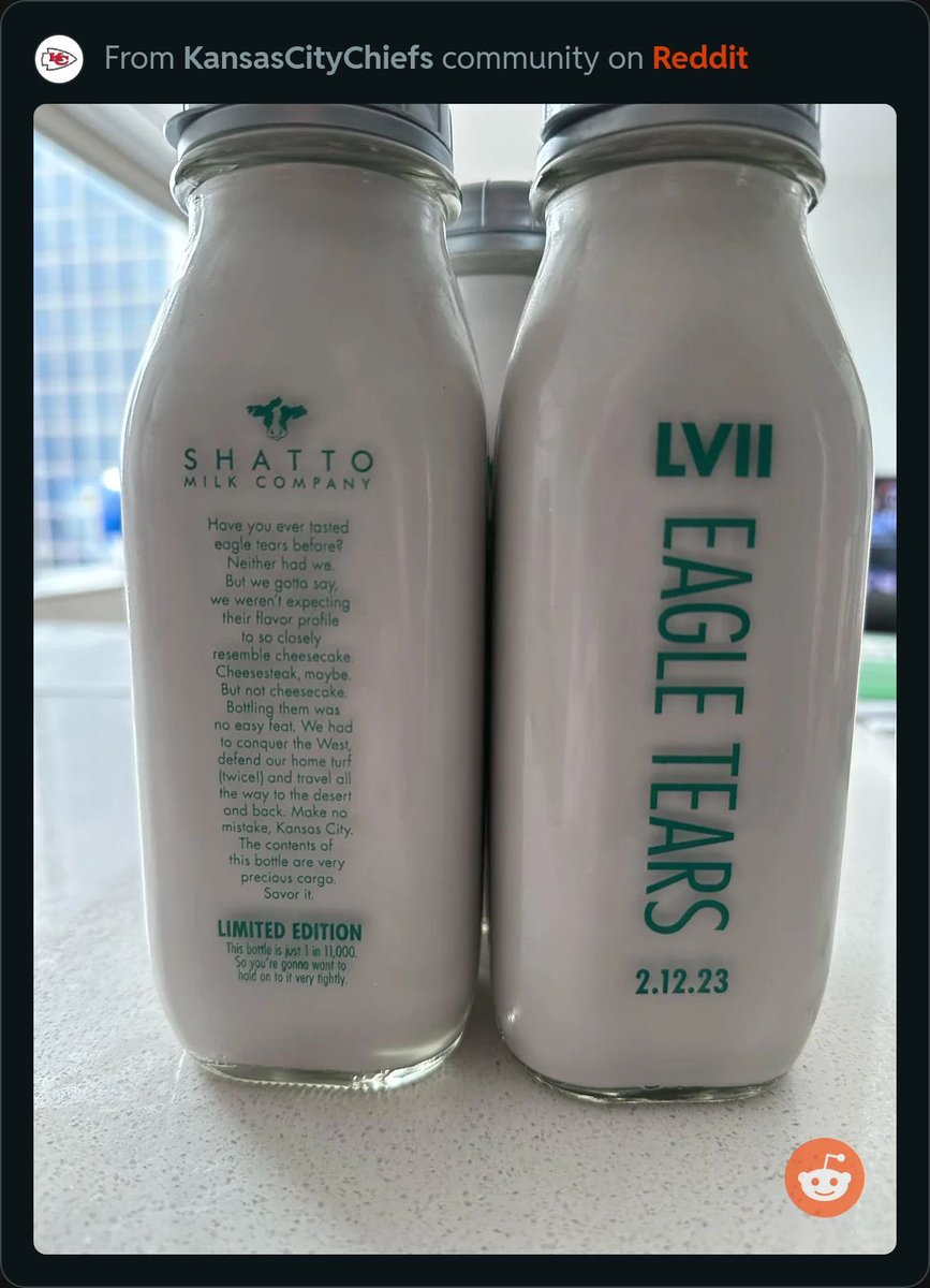 A Kansas City-based milk company has began producing “Eagle Tears”, a milk batch poking fun at the Eagles and city of Philadelphia.

Kind of strange behavior for a team and fanbase that was almost unanimously congratulatory to KC and their fans.

(via r/KansasCityChiefs)