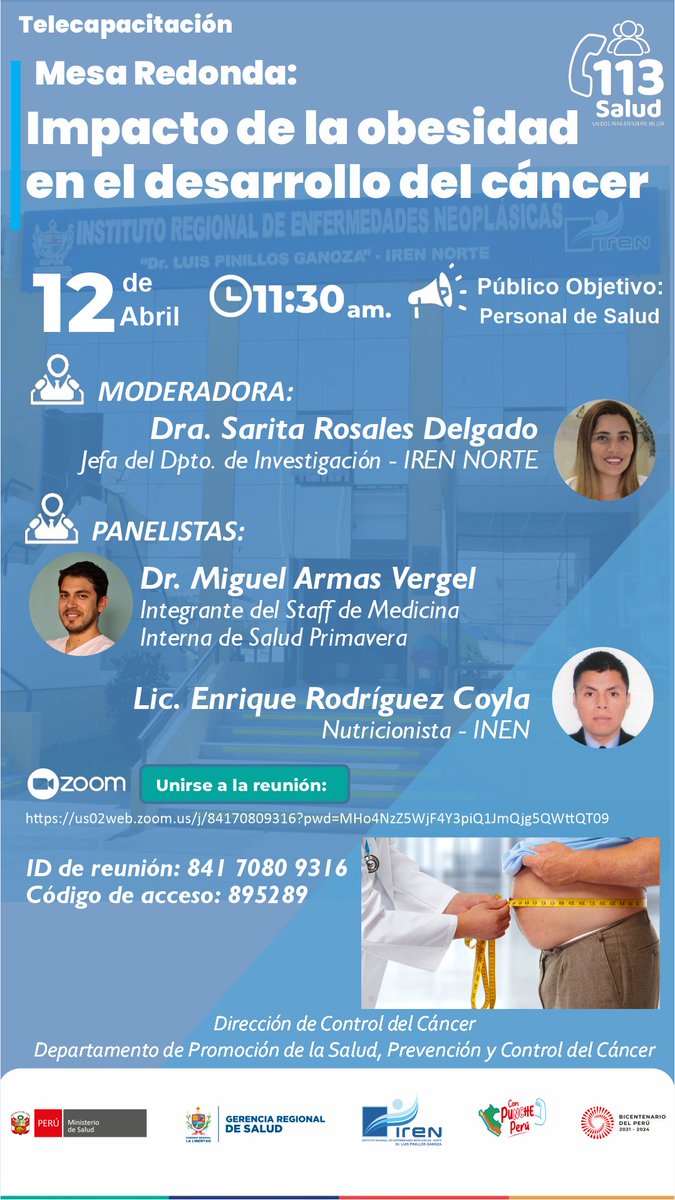 IREN_NORTE's tweet photo. MESA REDONDA "IMPACTO DE LA OBESIDAD EN EL DESARROLLO DEL CÁNCER"
Fecha: Miércoles 12 de abril del 2023
Hora: 11:30 a.m.
Enlace de zoom:
https://t.co/givxFEVr64
ID de reunión: 841 7080 9316
Código de acceso: 895289 https://t.co/zxuDJlRDbB