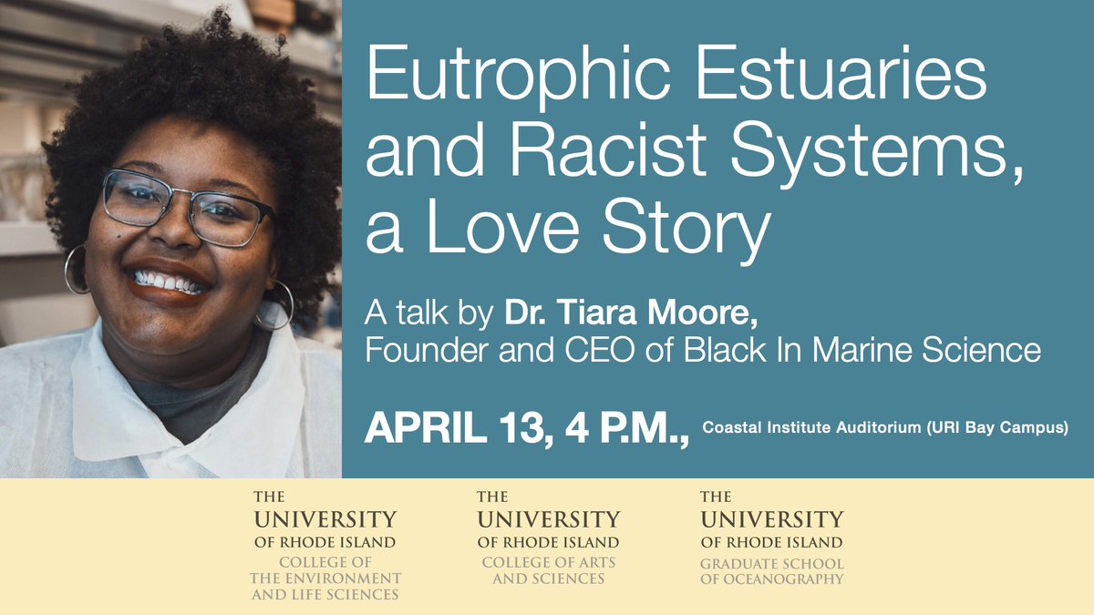 URI Graduate School of Oceanography (@urigso) on Twitter photo We are so excited to have <a href="/curly_scientist/">Dr. T is for Trouble, Good Trouble</a>, Founder & CEO of <a href="/BlackinMarSci/">Black in Marine Science</a> on the <a href="/universityofri/">URI</a> Bay Campus tomorrow to present a lecture titled "Eutrophic Estuaries and Racist Systems, a Love Story."
➡️ Register here: events.uri.edu/event/dr_tiara… or join the livestream at 4 p.m. We are so excited to have <a href="/curly_scientist/">Dr. T is for Trouble, Good Trouble</a>, Founder & CEO of <a href="/BlackinMarSci/">Black in Marine Science</a> on the <a href="/universityofri/">URI</a> Bay Campus tomorrow to present a lecture titled "Eutrophic Estuaries and Racist Systems, a Love Story."
➡️ Register here: events.uri.edu/event/dr_tiara… or join the livestream at 4 p.m.