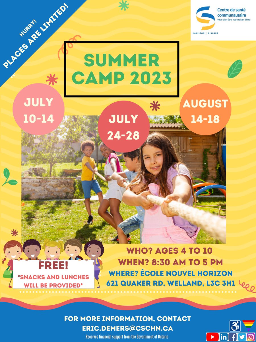 Camp d'été 2023 à Welland
3 semaines de fun😎
10 au 14 &amp; 24 au 28 juillet + 14 au 18 août
Communiquez avec Éric!
Places sont limitées!!

2023 summer camp in FRENCH in Welland
3 weeks of fun🥳
July 10th to 14th &amp; 24th to 28th + August 14th to 18th
Contact Eric!
Limited places!!