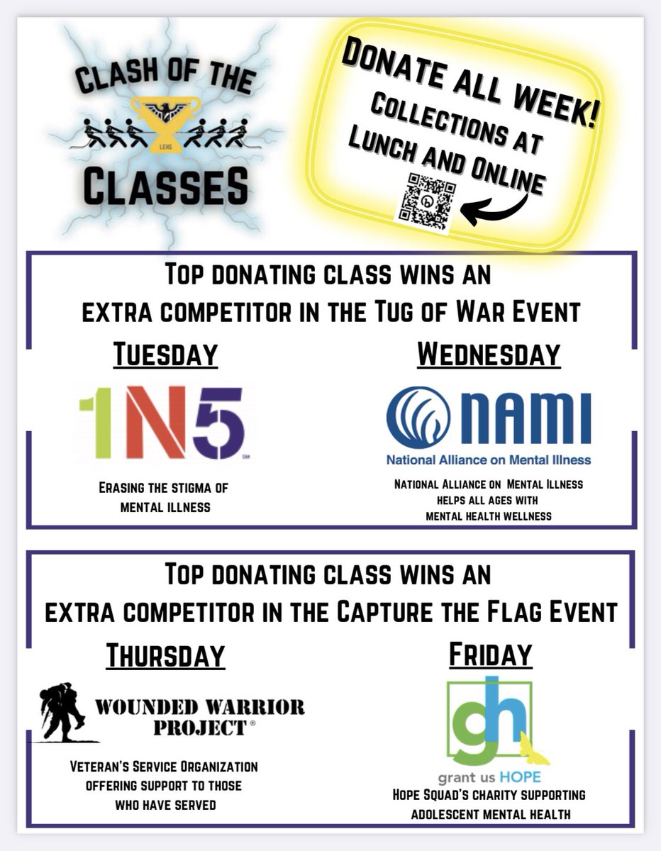LEHS_PTSO's tweet image. bit.ly/COTCDonate23 to support NAMI, the National Alliance for Mental Illness as part of Hope Week! Top fundraising class of each day gets an extra competitor at #ClashOfTheClasses #COTC23 @EAST_HAWKS @LakotaEastFresh
Seniors are currently in🥇,  Sophomores🥈!