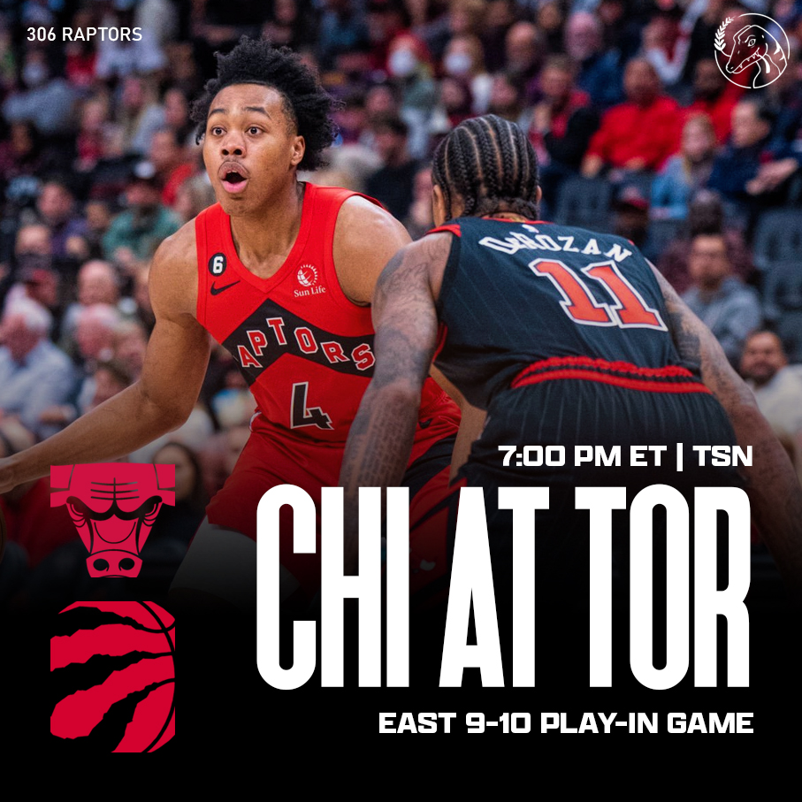 306Raptors's tweet photo. GAMEDAY: Chicago Bulls (40-42) at Toronto Raptors (41-41) | 7:00 pm ET | TSN

The Raptors face elimination tonight in the East 9-10 play-in game as they host the Chicago Bulls!

Let’s Go Raptors! https://t.co/XMtmQHpvXO