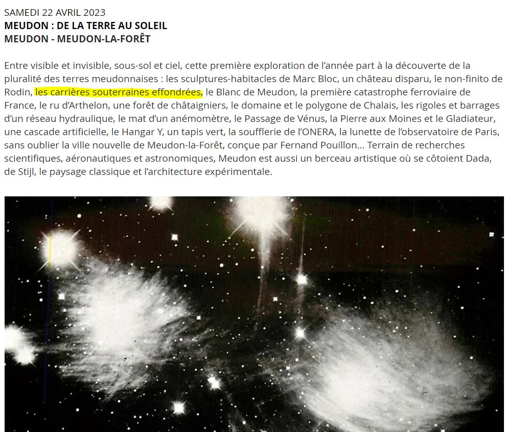Bonjour <a href="/lvmetropolitain/">Voyage Métropolitain</a>
quand vous mentionnez des "carrières effondrées situées à Meudon", à quoi faites-vous référence ?
Parce qu'entre être debout depuis 150 ans (Arnaudet) et comblé de déblais pour faire des immeubles sur la colline Rodin, il y a zéro lien de causalité.