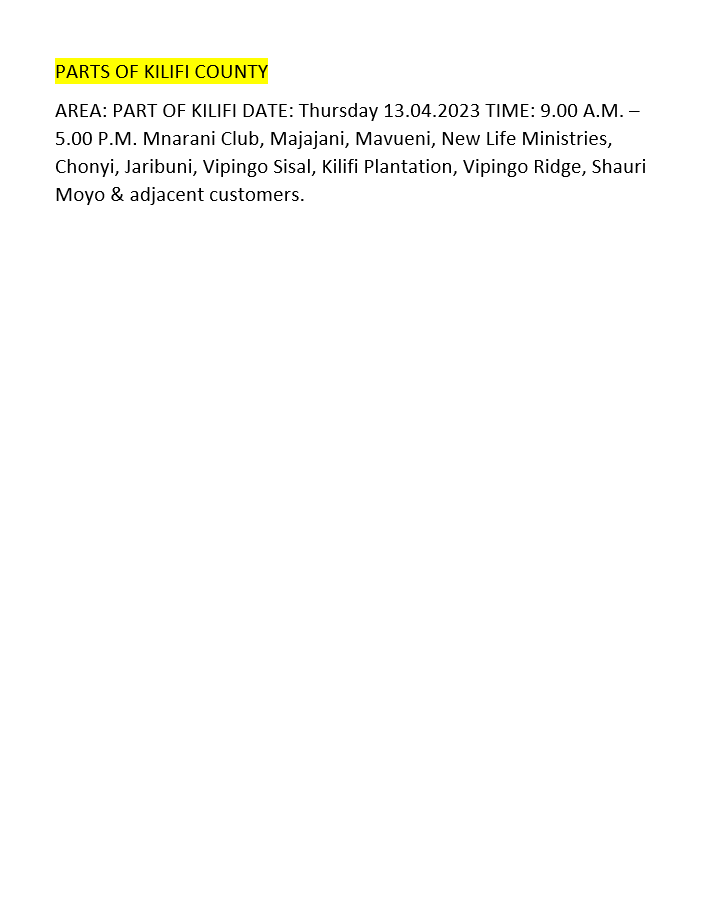 KenyaPower_Care's tweet photo. Good Evening. The listed areas will be affected by planned power interruptions tomorrow (13th April 2023). The interruption is part of network maintenance. For the advance notice, use https://t.co/mzD2qgzBFc. To access the latest schedule, check under the most recent date. ^MW https://t.co/5crXpHF0qn