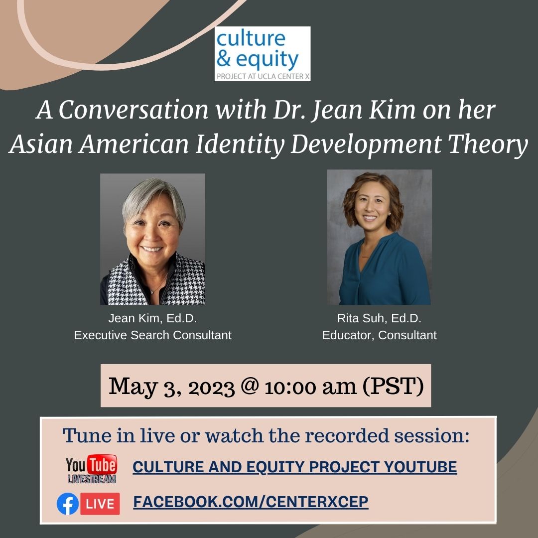 Dr. Jean Kim will discuss how Asian Americans are racialized differently than other racial groups and how these shared experiences influence our racial identity development. Join us live or watch the recorded session via: youtube.com/@cultureandequ… OR facebook.com/CenterXCEP