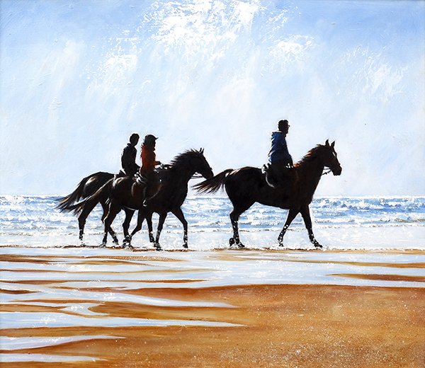 'Beach Horses, Deauville' - oil on board painting of horses exercising on Deauville beach bit.ly/3zTQtSA