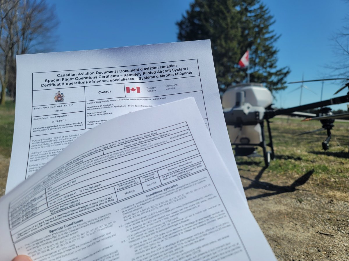 drone_spray's tweet photo. Big milestone! We received our Canada wide, Standing SFOC from @Transport_gc for our @DJIAgriculture T30 and T40. Many compliance requirements for us to safely and legally operate, but a huge step forward for the industry. I believe we are the first in Canada to be issued this. https://t.co/DasAOfcqKW