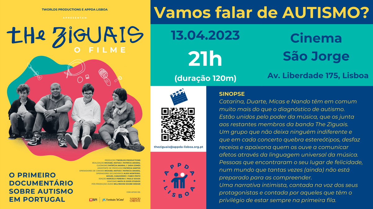 AgendaLisboa's tweet photo. O primeiro documentário sobre #autismo feito em Portugal é exibido esta 5.ªf, no @CinemaSaoJorge. 𝗧𝗵𝗲 𝗭𝗶𝗴𝘂𝗮𝗶𝘀 retrata a história de quem quebra barreiras diariamente: em comum, Catarina, Duarte, Micas e Nando, têm muito mais do que o diagnóstico de autismo.
#appda https://t.co/TqHg9MBhCP