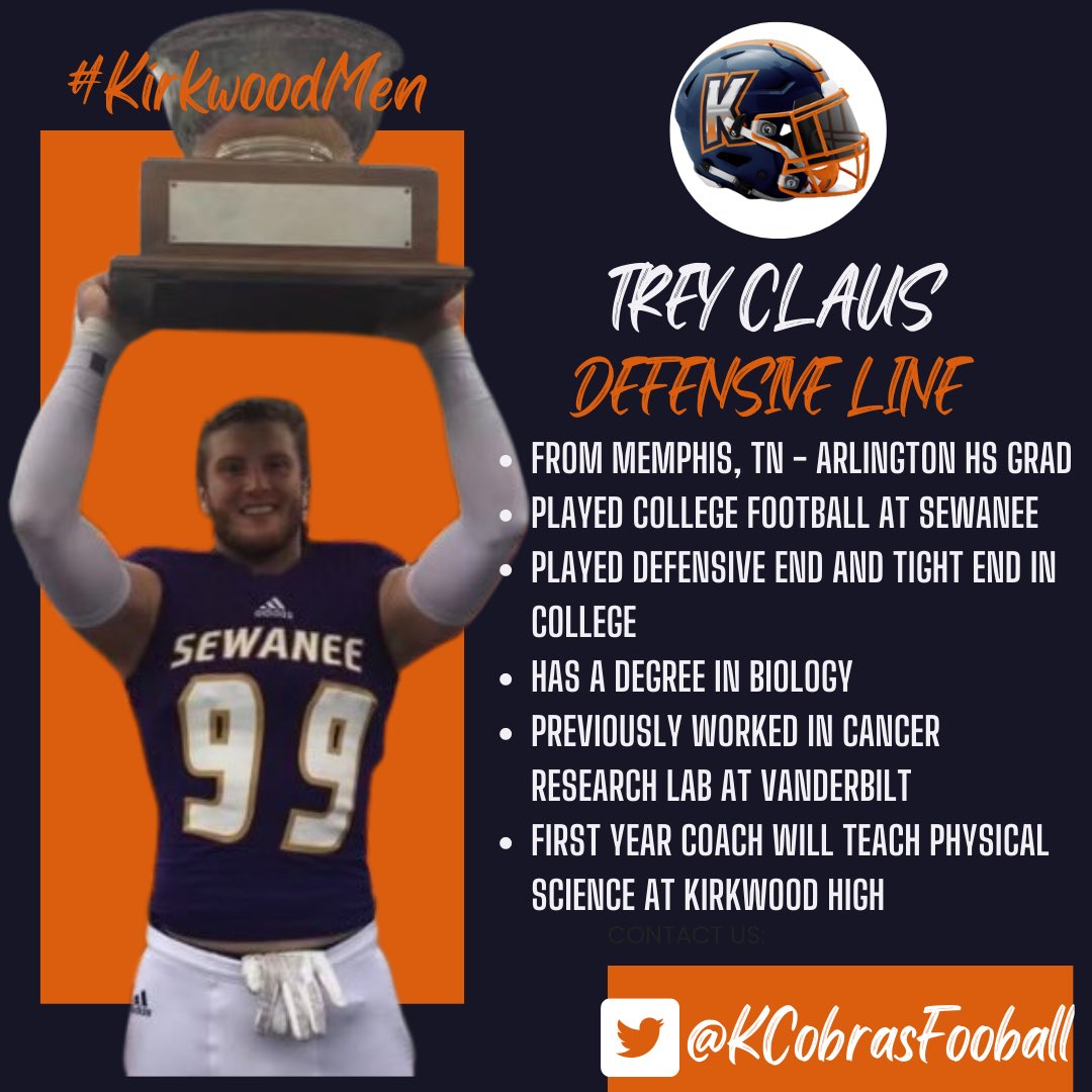 🚨Coaching Hire Announcement🚨 

Meet one of our Defensive Line Coaches Trey Claus.

Trey will be teaching at Kirkwood High this fall, and has collegiate experience on both sides of the ball! 

 #KirkwoodMen #StandTall #OrangeSlime🐍