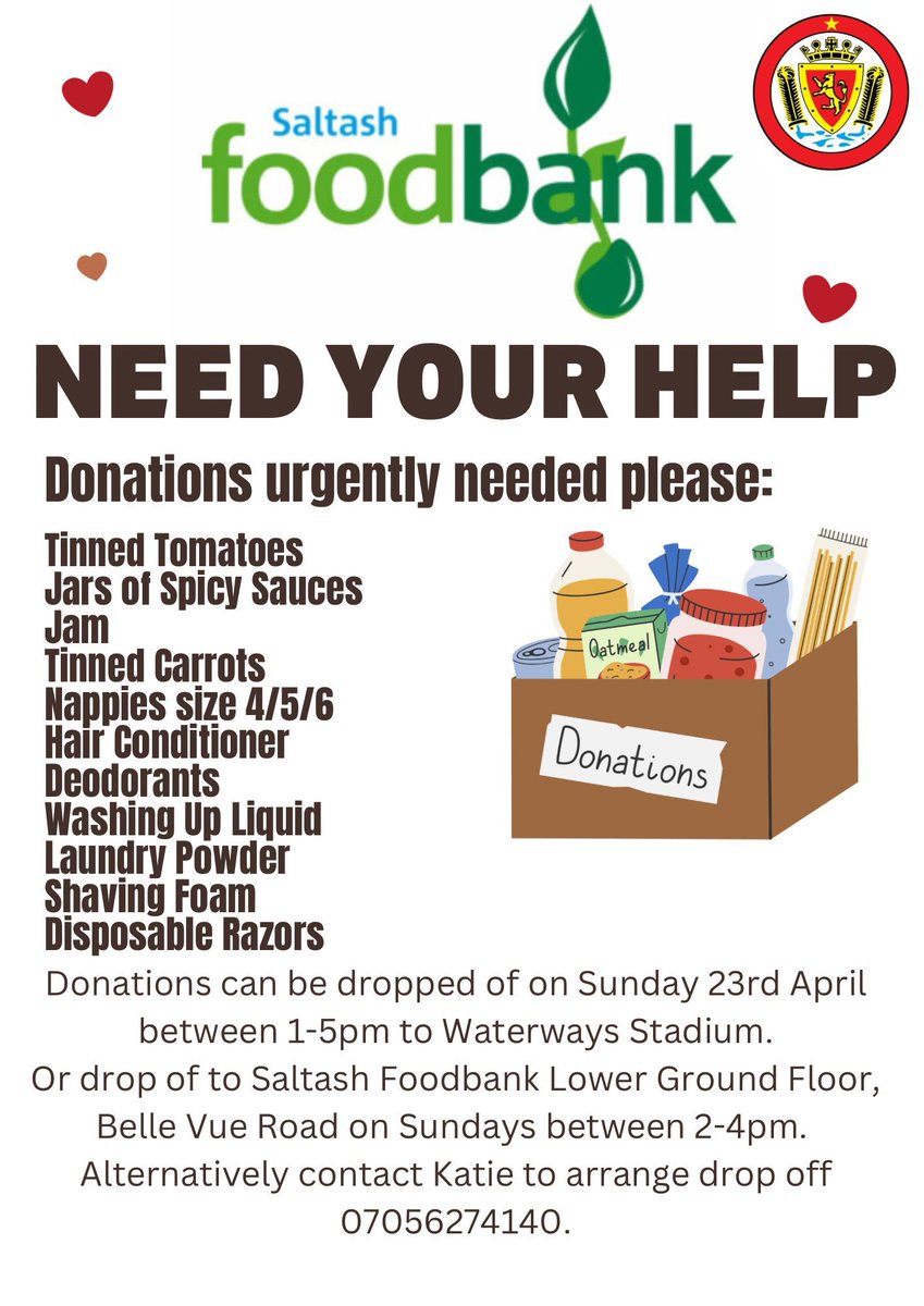 On the 23rd April at our next home game we will be organising collections for Saltash Foodbank. 

Please contribute if you can 

#foodbank #saltash #collections