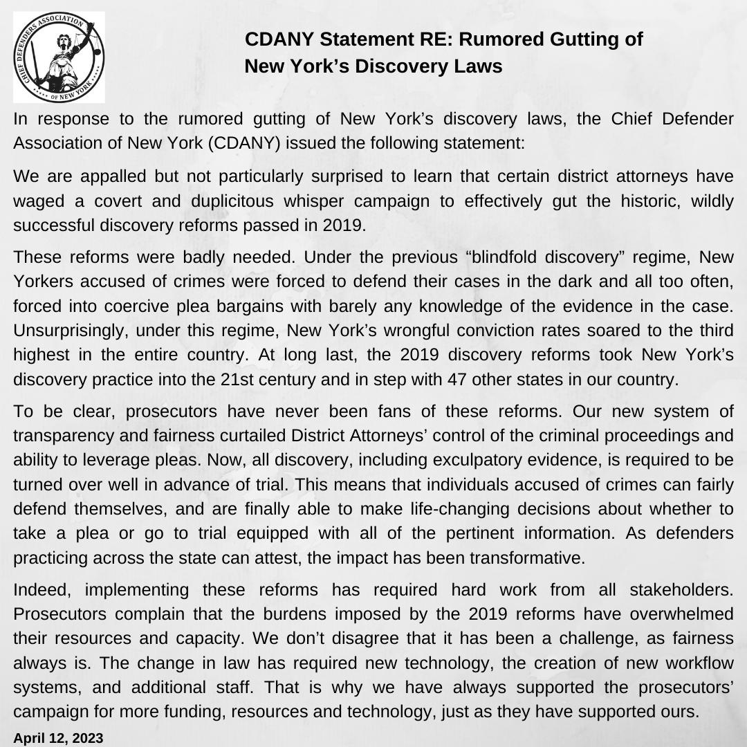 CDANY Statement RE Rumored Gutting of NY's Discovery Laws

We are appalled but not surprised to learn that certain DAs have waged a covert campaign to effectively gut the historic successful discovery reforms passed in '19.

More: bit.ly/CDANYDiscBudge…

<a href="/NYSenate/">New York State Senate</a> <a href="/NYSA_Majority/">NY Assembly Majority</a>