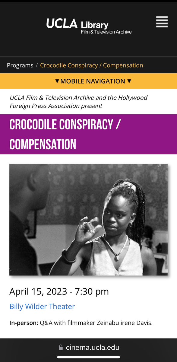 Marc Chery (@cherymarc) on Twitter photo Award winning independent filmmaker <a href="/ZeinabuIDavis/">Zeinabu Irene Davis</a>’ Sundance feature film #COMPENSATION and restored student film #CROCODILE_CONSPIRACY will screen <a href="/UCLAFTVArchive/">UCLA Film & Television Archive</a> <a href="/hammer_museum/">Hammer Museum</a> on Saturday April 15 at 7:30 pm.
cinema.ucla.edu/events/2023/04… Award winning independent filmmaker <a href="/ZeinabuIDavis/">Zeinabu Irene Davis</a>’ Sundance feature film #COMPENSATION and restored student film #CROCODILE_CONSPIRACY will screen <a href="/UCLAFTVArchive/">UCLA Film & Television Archive</a> <a href="/hammer_museum/">Hammer Museum</a> on Saturday April 15 at 7:30 pm.
cinema.ucla.edu/events/2023/04…