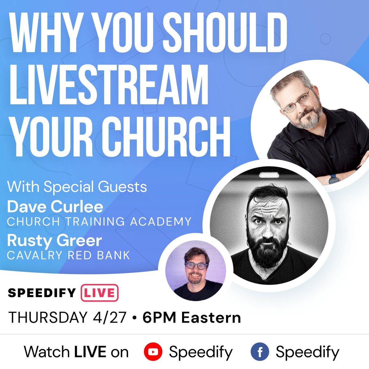 speedify's tweet photo. IT'S FINALLY HAPPENING!π
A very warm Welcomex3 to upcoming guests @davecurlee & @RustyG, who will join @alexgizis for the 2nd time on #SpeedifyLIVE!
We'll talk #ChurchStreams, #Technology & everything in between on our #ChurchMediaPanel ποΈ4/27π6PM EST!
https://t.co/W8Sb0z2dxe https://t.co/bJD4DLLMNO