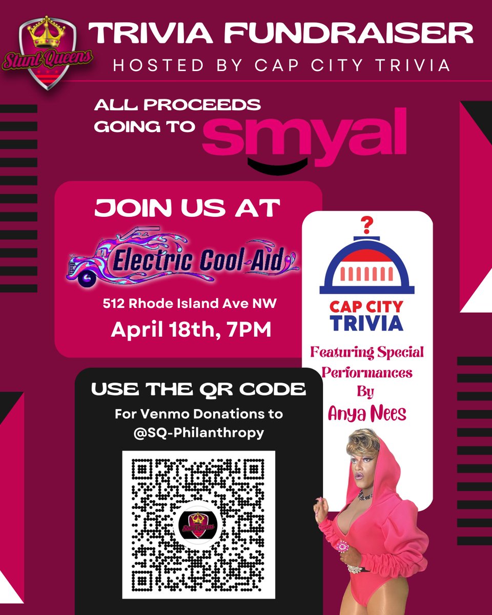 The Stunt Queens of Stonewall Kickball are hosting a trivia fundraiser for SMYAL at Electric Cool Aid in partnership with Cap City Trivia at 7pm on April 18th! It’s free to play, but all donations will benefit SMYAL's programs for LGBTQ+ youth!