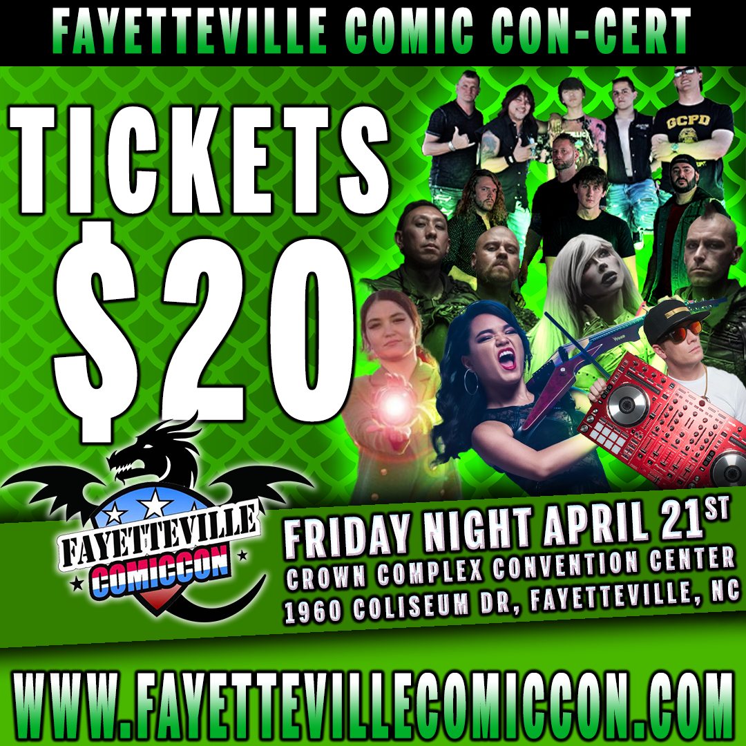 We're 9 days away from <a href="/FayettevilleCC/">Fayetteville Comic Con Official Page</a> 

Get your tickets now!

ticketmaster.com/event/2D005E69…

<a href="/miaasanomusic/">Mia Asano</a> <a href="/RockstarDJTRE/">Rockstar DJ TRE</a> <a href="/JennaRaeFrank1/">Jenna Rae Frank</a> <a href="/Echostone_band/">Echostone Official</a> <a href="/Fear_StateNC/">Fear State</a>