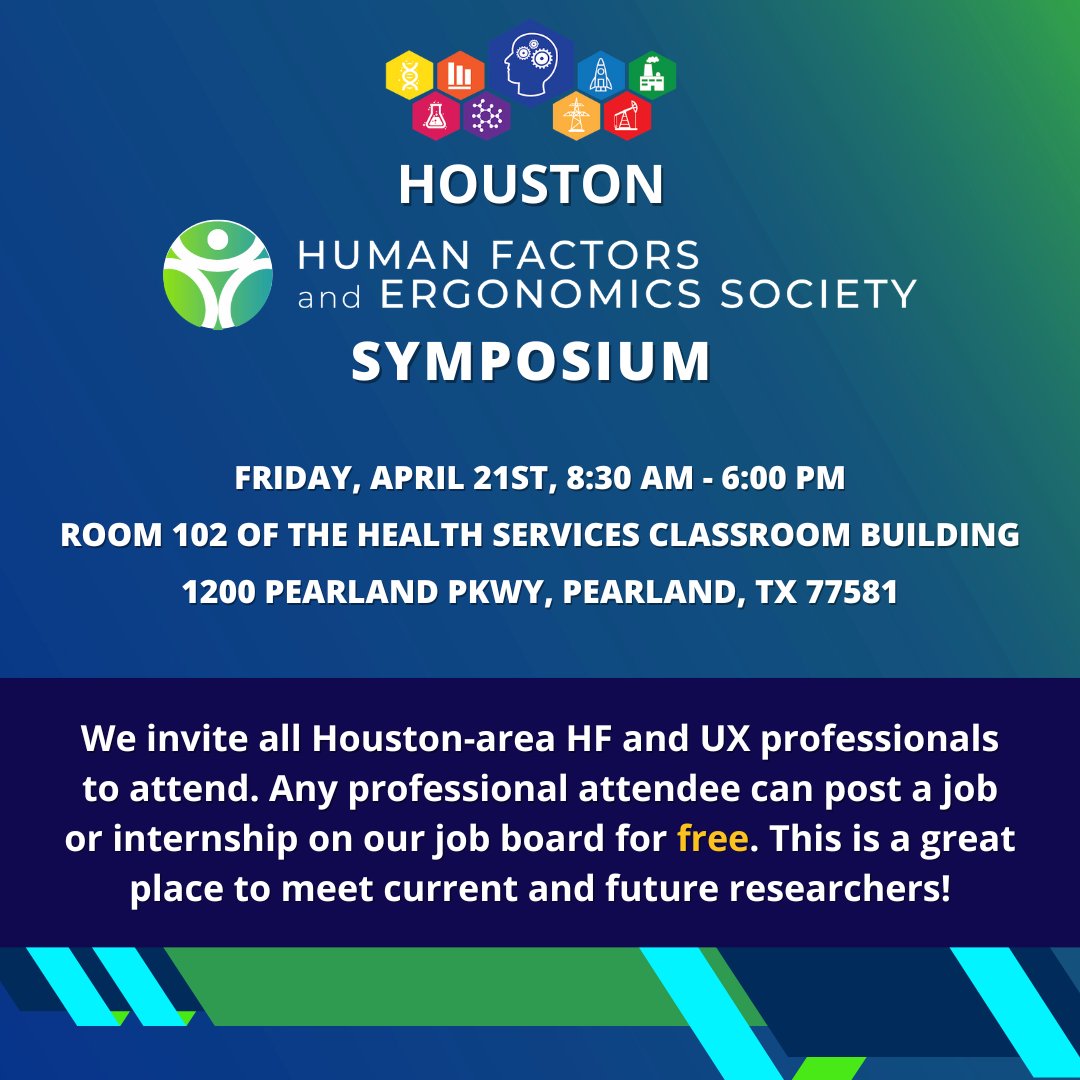 HoustonHfes's tweet photo. We invite Houston-area HF/UX professionals to attend the 17th Annual Houston HFES Symposium at the Pearland Campus of the University of Houston-Clear Lake. Any professional attendee can post a job or internship on our job board for free. Register today! https://t.co/fFxIH0uvsc https://t.co/vHWeWCSAOz