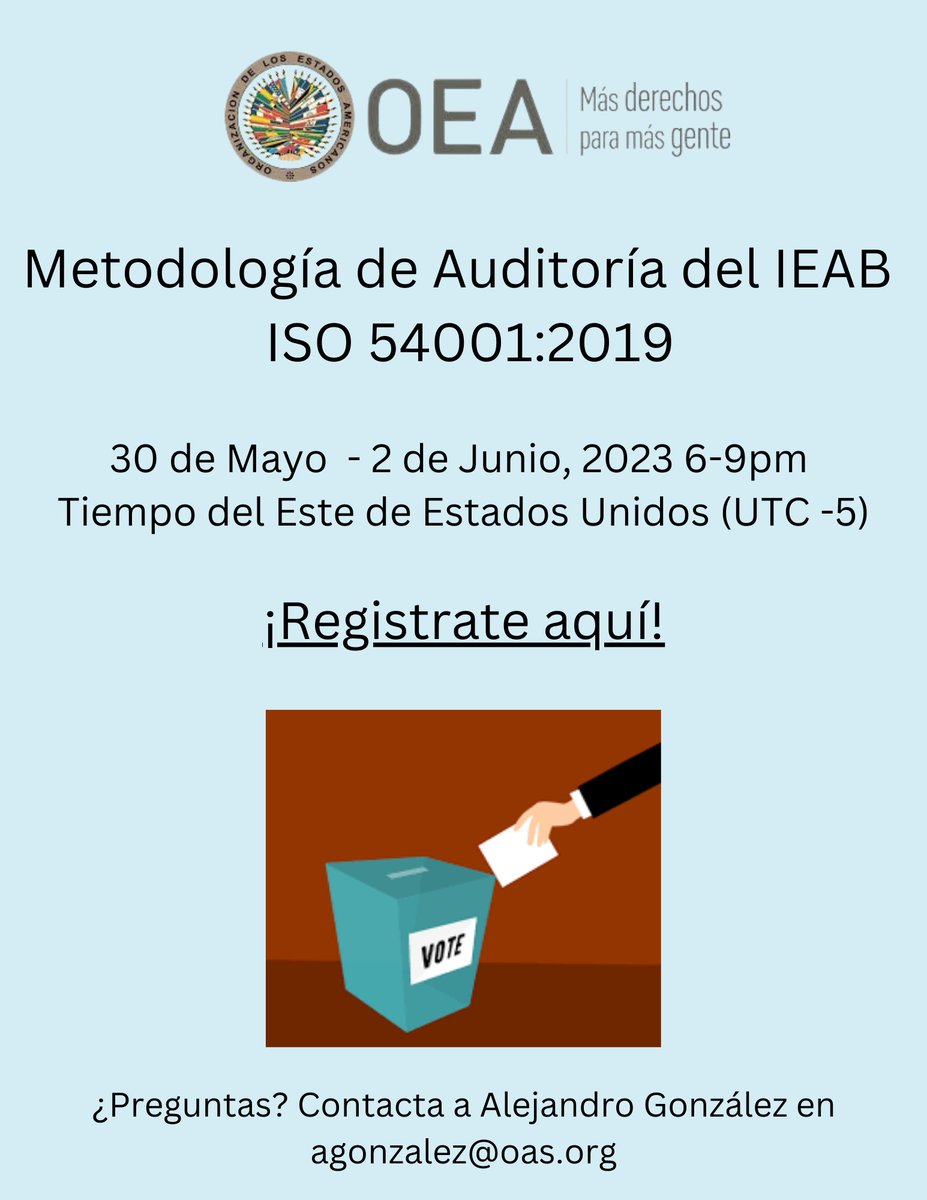 OAS_IEAB's tweet photo. 🔹Aparta la Fecha 📢

Curso de Metodología de Auditoría del IEAB ISO 54001:2019

🗓️Mayo 30-Junio 2, 2023 ⏰ 6-9PM (EST) (UTC -5)

📍Virtual

Registro 👉 https://t.co/58udGG94V9 https://t.co/I1sxmUkOvn