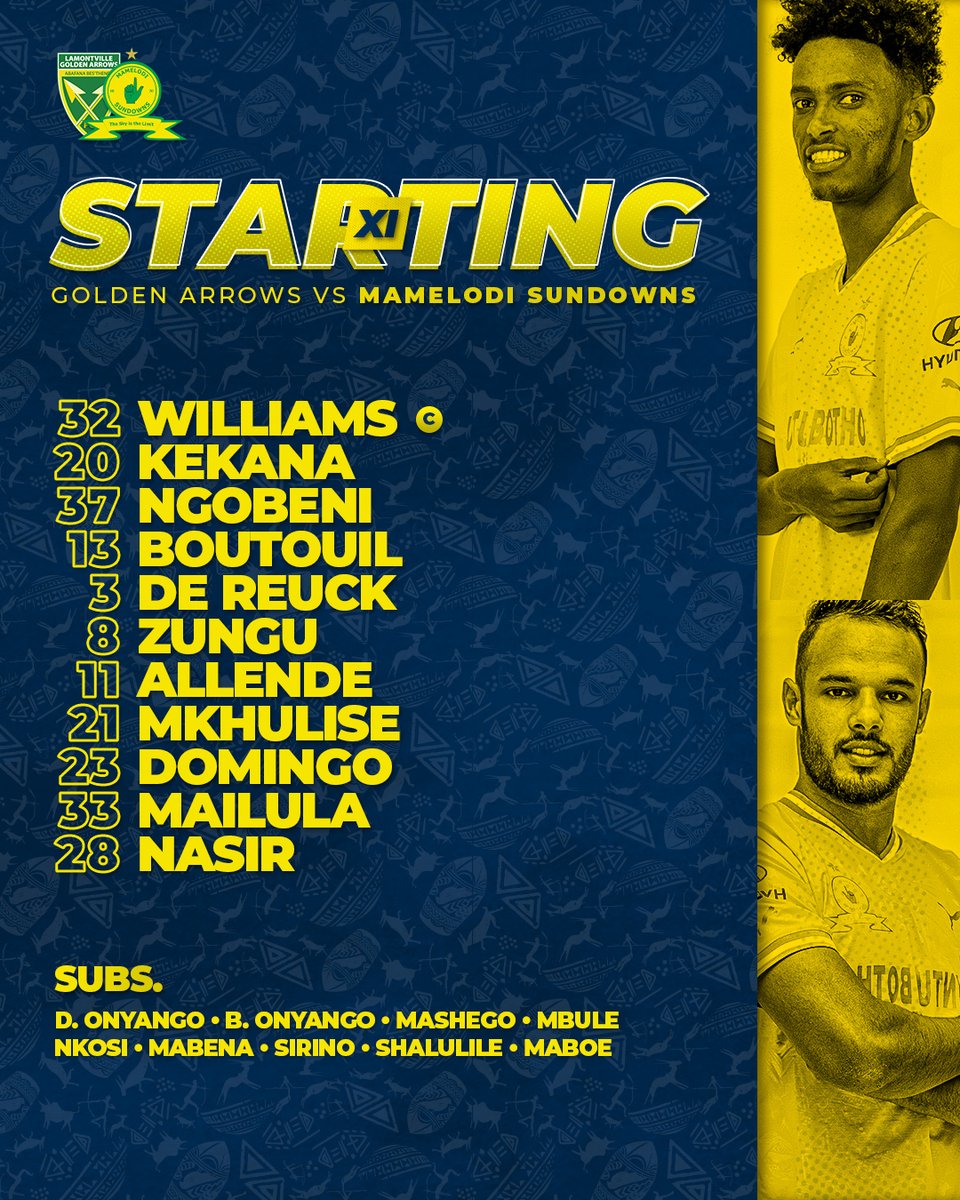 🚨𝙎𝙏𝘼𝙍𝙏𝙄𝙉𝙂 𝙓𝙄🚨 

🆚 Golden Arrows
⏰ 19H30
🏟 Princess Magogo Stadium
📺 SS 202

#Sundowns #DStvPrem