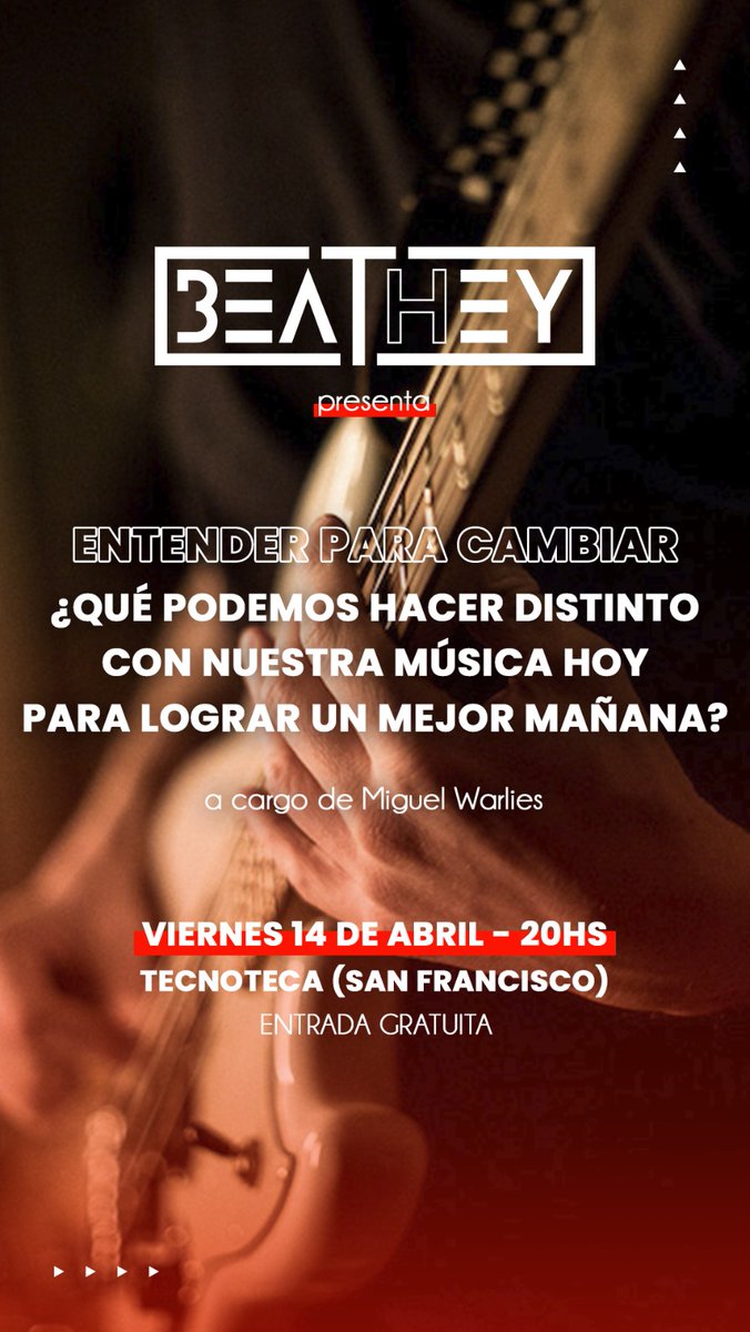 BeatHeyOK's tweet photo. 📢ATENCIÓN SAN FRANCISCO (CBA)

Este viernes @mwarlies, co-fundador de #BeatHey estará dando una charla en @TecnotecaSf para entender la actualidad de la industria y visibilizar que podemos cambiar para que nuestro futuro sea distinto.

#musicaindependiente https://t.co/zIUJcAa3Qg