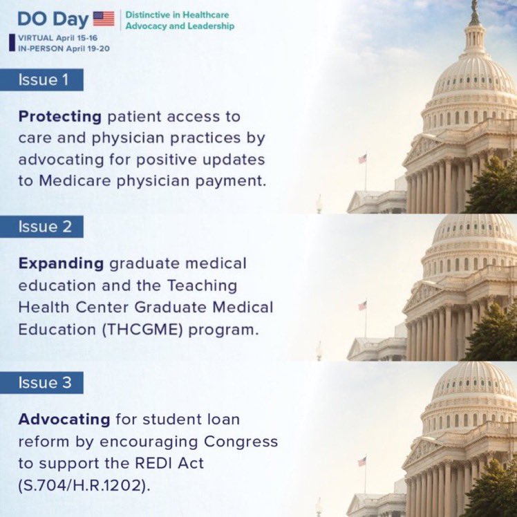 Dietitian2Doc's tweet photo. One week countdown is on before @AOAforDOs and @NationalSOMA head to Capitol Hill to advocate for the osteopathic profession and the patients we serve. Check out the 3 priorities we will discuss with lawmakers at #DODay23! #WhyWeDO 🗳️ https://t.co/26K9iyZhen
