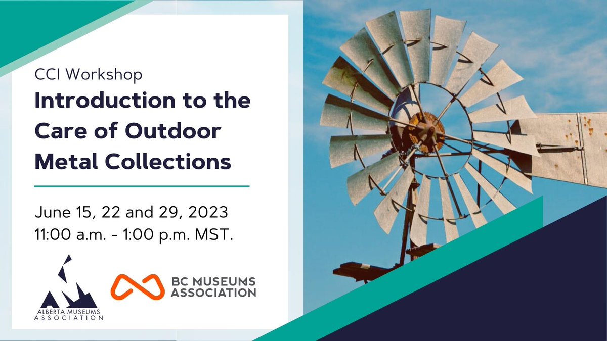 AlbertaMuseums's tweet photo. Join us this June for a three-part webinar with the Canadian Conservation Institute on the care of metal artifacts and objects kept outside, offered in partnership with @BCMuseumsAssn.

Register here to secure your spot: https://t.co/jp4ShpTFnN.

#ABMuseums #MuseumsDoMore https://t.co/eeQ2sqcjFe