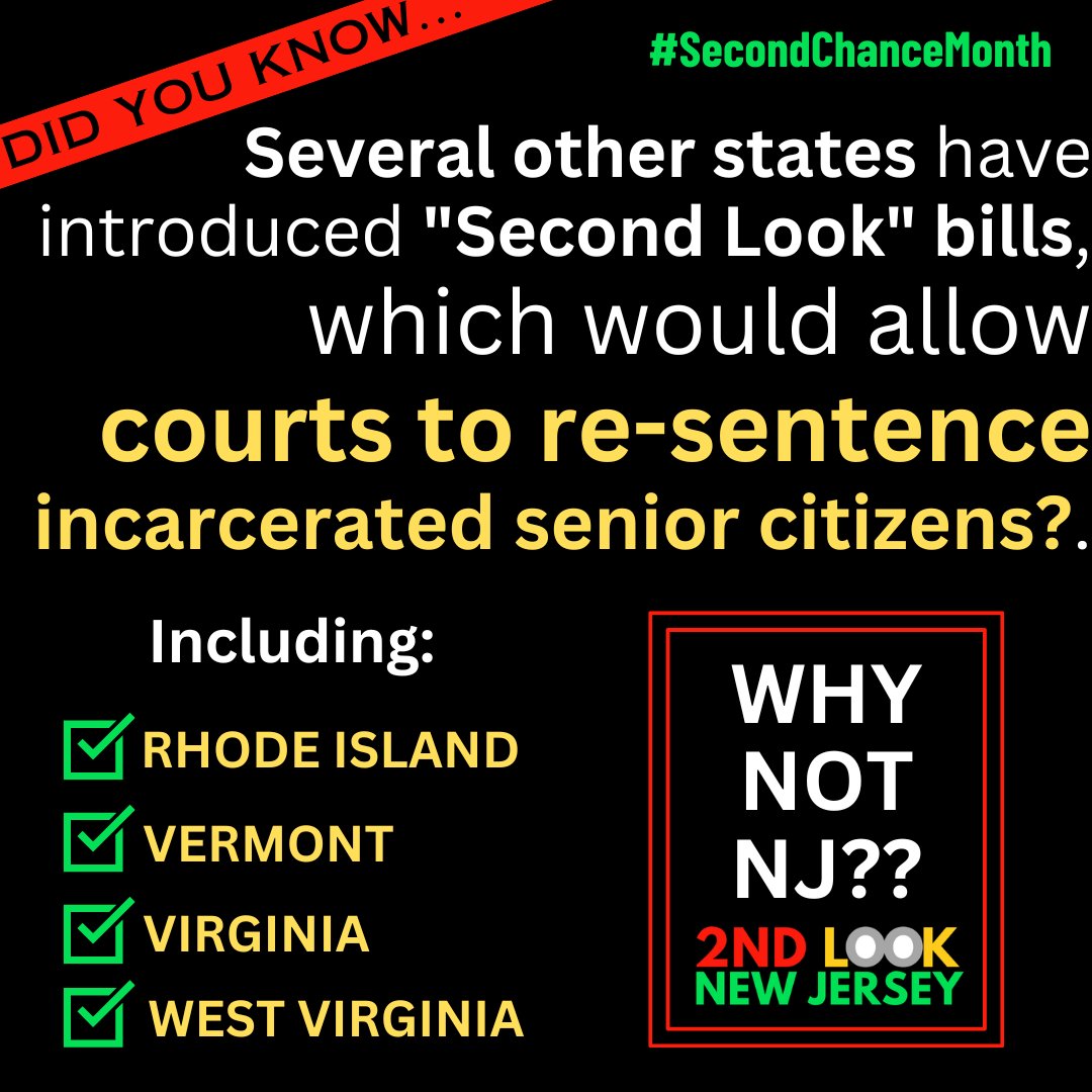 2ndlooknj's tweet image. Several other states have introduced legislation that would give incarcerated senior citizens a #SecondLook. Why has New Jersey? It's time for NJ to lead on #SecondChances. #SecondChanceMonth