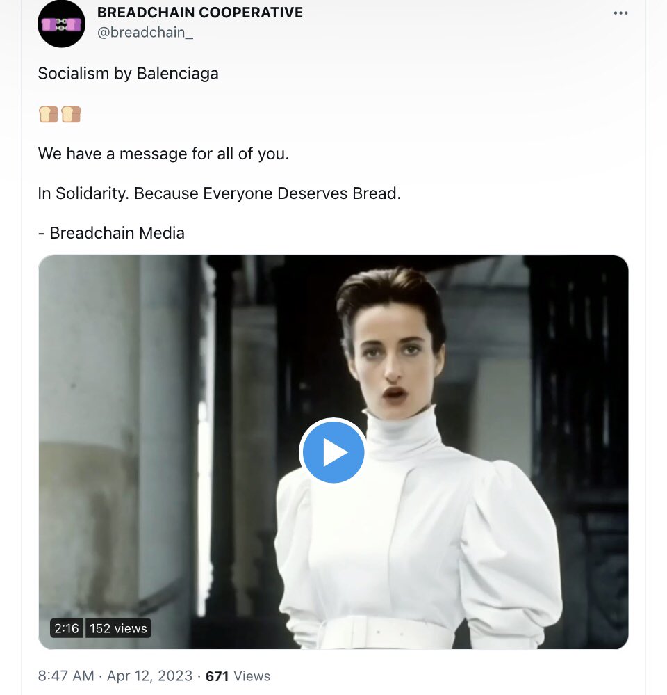 tmccormick's tweet photo. Brilliant. "Socialism by #Balenciaga"— luxury-brand-style ad for cutting-edge #Breadchain liberatory tech & principles, narrated by historic socialist icons. "All we have to lose are our chains." 😅
Cooperative goods & bounty from #BreadchainCooperative @breadchain_ @TBSocialist https://t.co/irH2JtfaA6