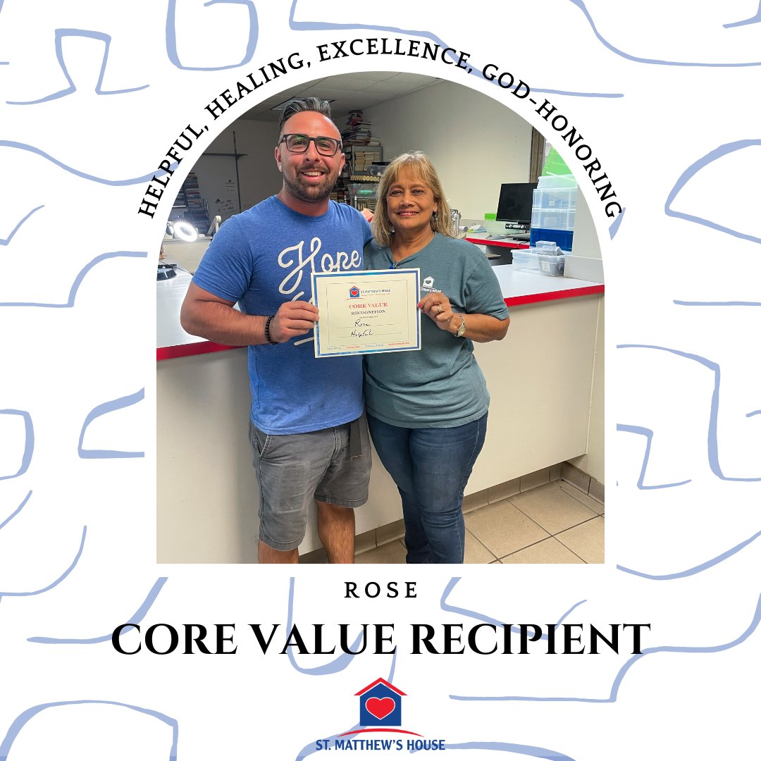 StMatthewsHouse's tweet photo. Last week, Rose received a #CoreValueAward for displaying helpfulness.

Her team leader said: "Rose is always willing to reach out and help in any way she can each day she is here. She is definitely a joy and a blessing to have on our team."

Congrats Rose! https://t.co/MCBm7lxwXH